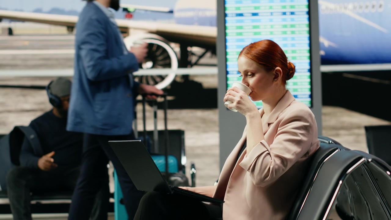 Bizneswoman skupiona na pracy na laptopie podczas podróży zagranicznej w siedzibie głównej.