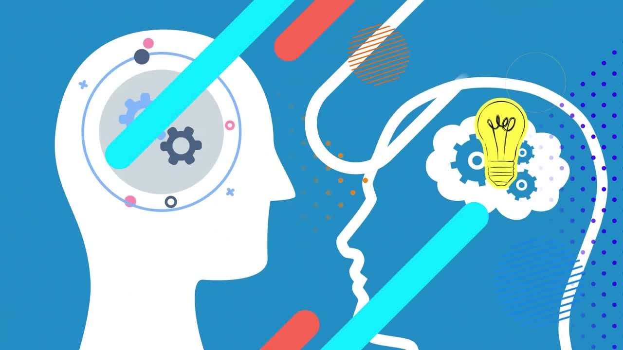 파란색 배경에  ⁇ 과 전구가 있는 인간의 머리의 애니메이션