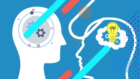 animation of human heads with cogs and lightbulb on blue background