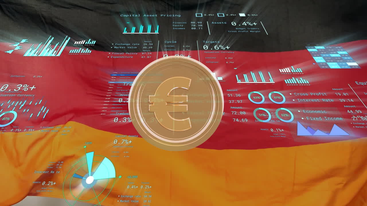 유로 화폐 기호와 독일 국기 배경에 있는 금융 데이터 애니메이션