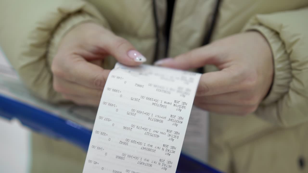 el comprador tiene un recibo de compra en sus manos, comprueba las compras y los precios