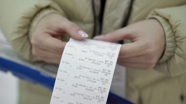 The buyer holds a purchase receipt in his hands, checks purchases and prices