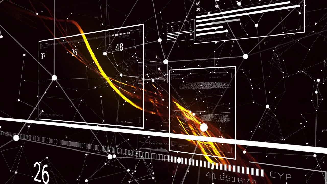 After network appearing, vibrant ribbons weaving through windows boosting values to visualize flow