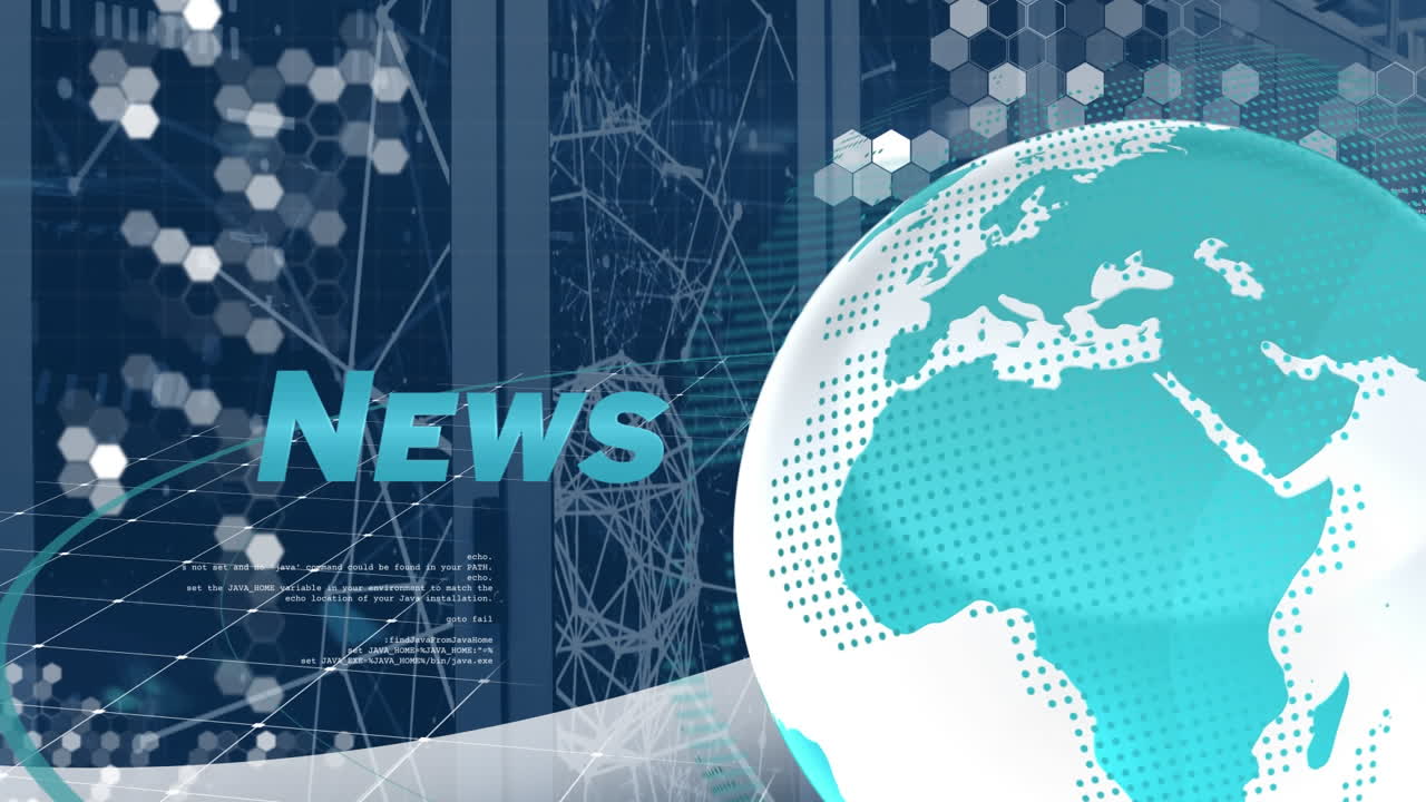 Animation of news text banner with spinning globe and plexus networks against computer server room