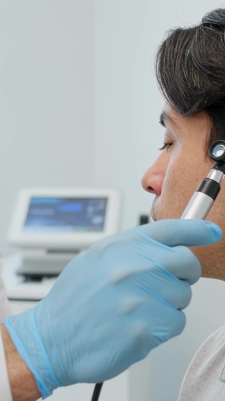 Video verticale: Un clinico guantato ispeziona l'orecchio destro di un paziente in clinica con un otoscopio per un esame.