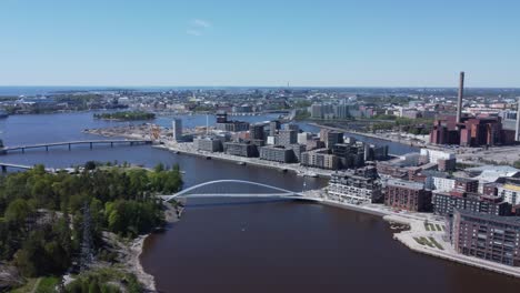 flyover baltic sea inlets in helsinki, finland: isoisansilta bridge