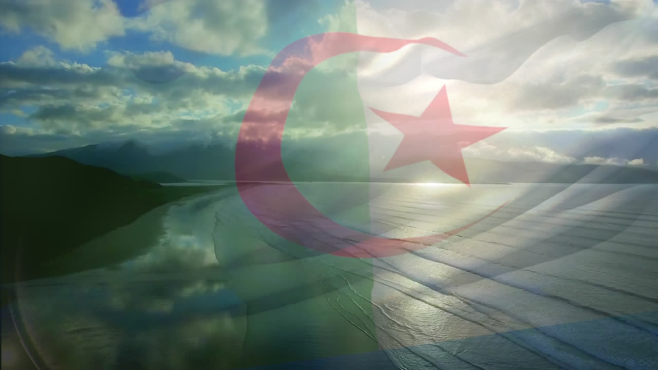 디지털 작곡 알제리 발이 바다의 파도에 대한 공중 사진에 반하여 흔들리고 있습니다.