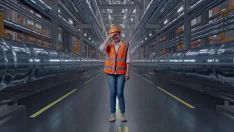 Full Body Of Asian Female Engineer With Safety Helmet Having A Headache While Working With Metal Pipes