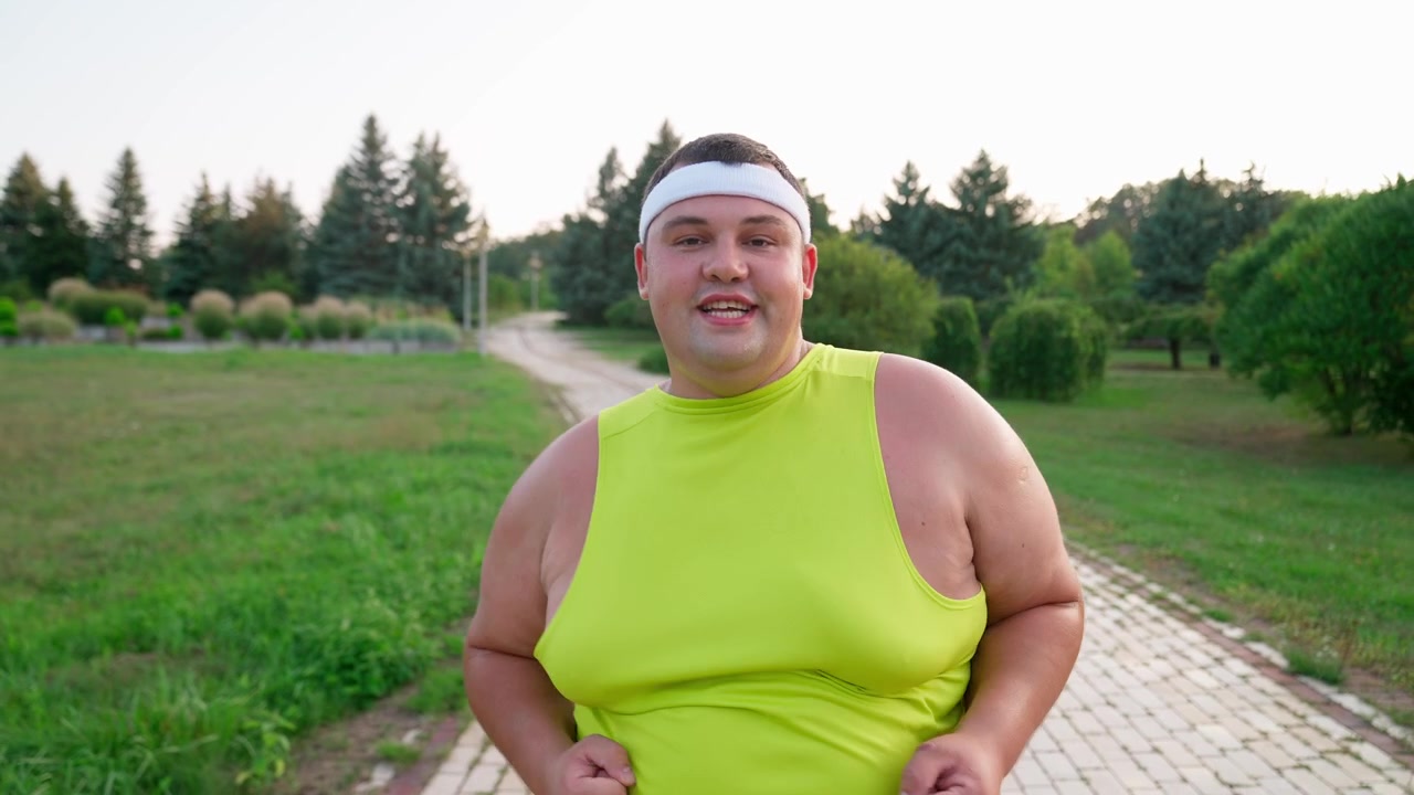 Uomo in sovrappeso felice che fa jogging su un sentiero del parco