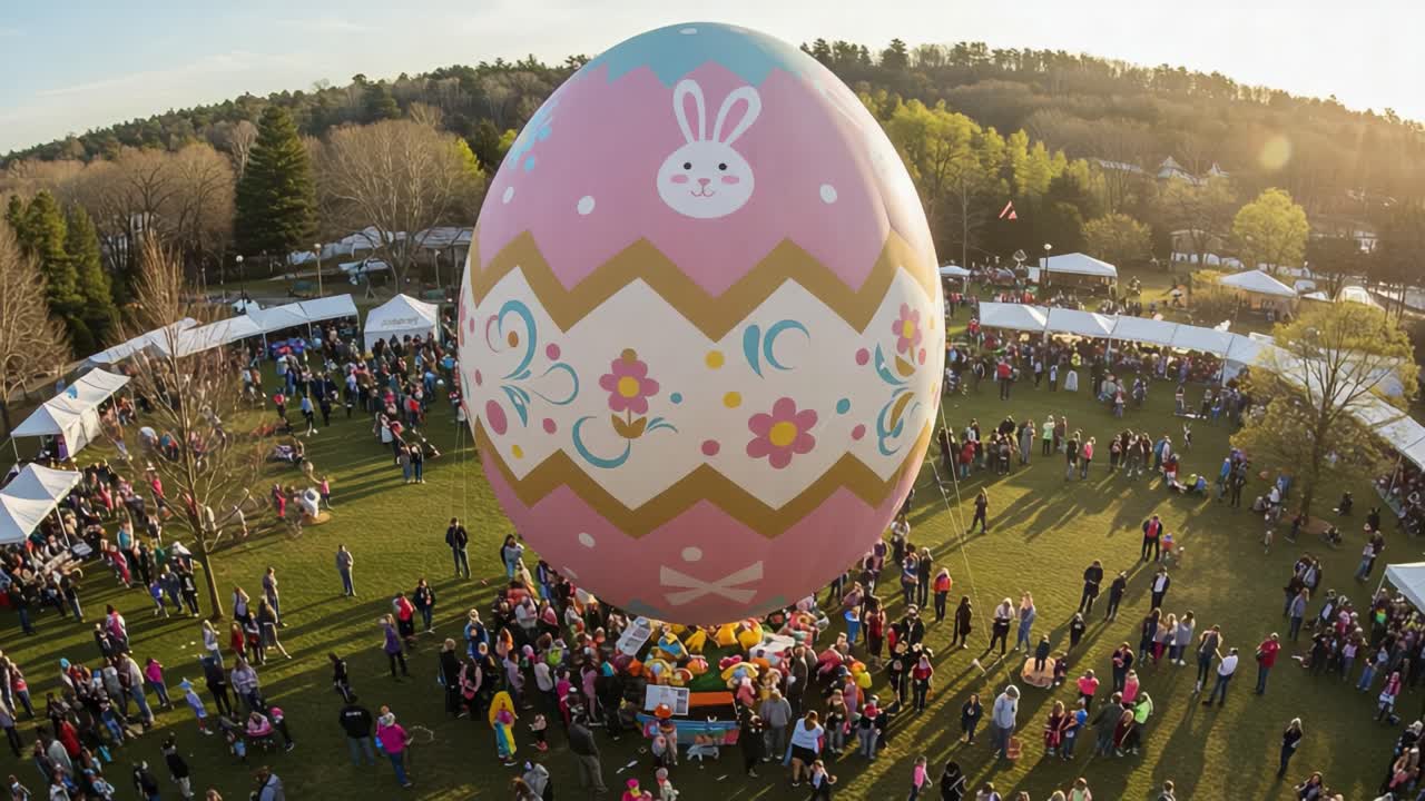 Eine lebhafte Osterfeier mit einem riesigen Deko-Ei, umgeben von fröhlichen Familien und festlichen Aktivitäten im Freien