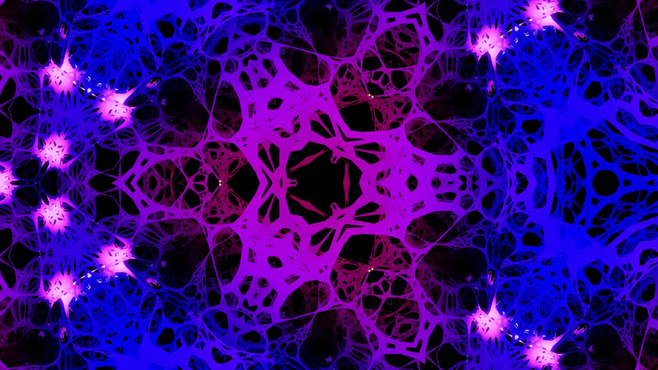fondo de caleidoscopio de luz de neón de bucle 3d. líneas de brillo estructura de caleidoscope simétrica. bg moderno con estructura de cuadrícula. bg brillante con brillo de neón.