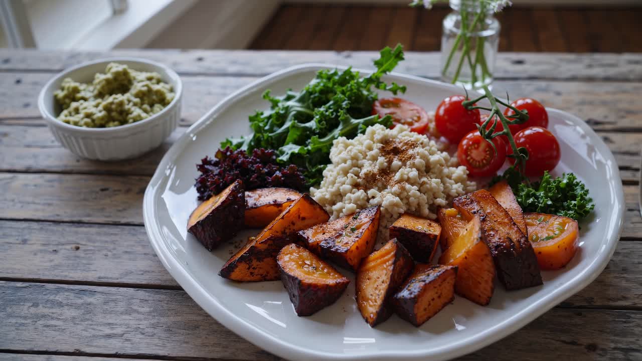 Top-down view of a vibrant, healthy meal with roasted veggies and grains on a rustic table, perfect