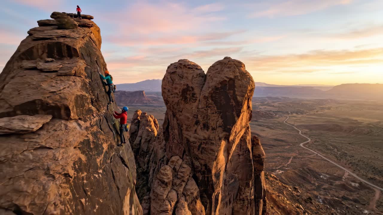 Escaladores de Rocha Subindo uma Montanha ao Pôr do Sol em uma Vasta Paisagem Desértica