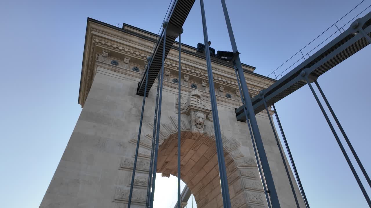Historic Széchenyi Chain Bridge arch in Budapest Hungary