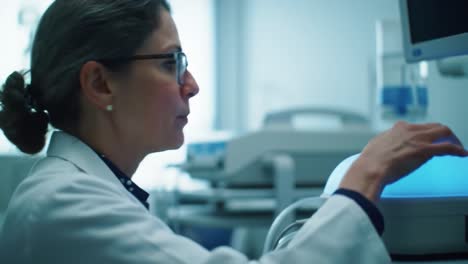a medical professional interacts with advanced technology in a clinical setting, utilizing a glowing device for treatment or diagnostic purposes, illustrating innovation in healthcare.