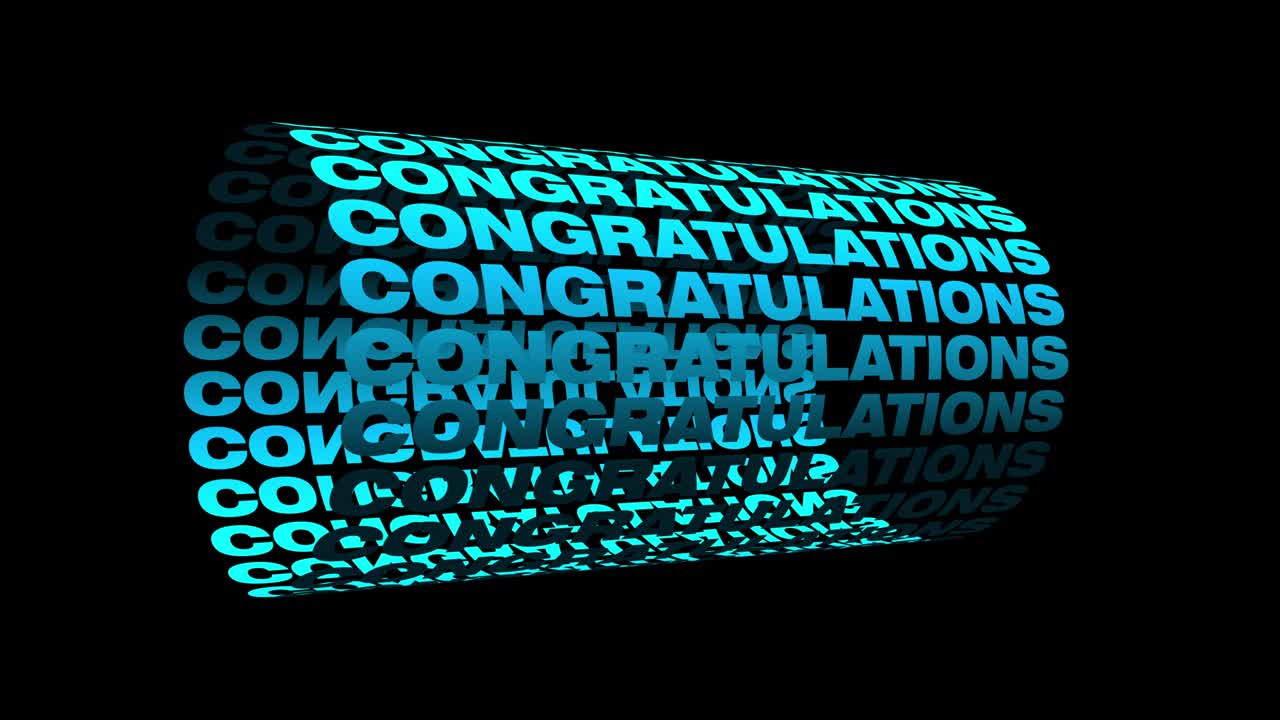 CONGRATULATIONS light blue 3D text cylinder motion animation on black background. 4K Video cover animation text. Congratulation title or trailer loop background for your video.