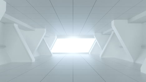 going forward in white tunnel with light in the end, 3d rendering.