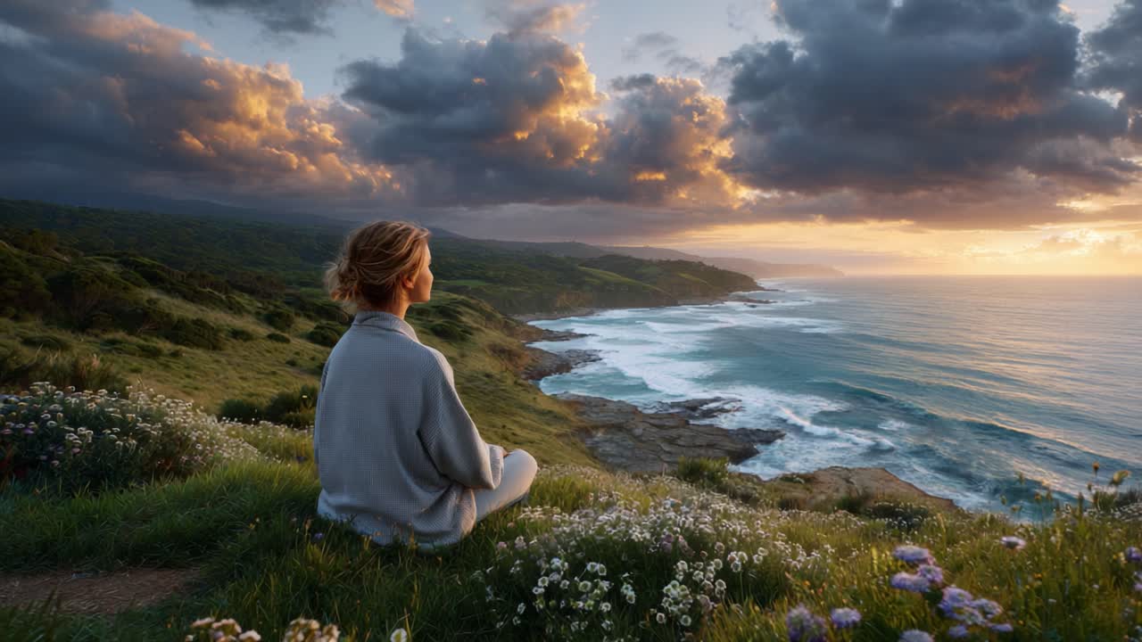 A Serene Moment of Reflection by the Coastal Cliff at Sunset, Embraced by Nature's Splendor and the Gentle Sounds of Waves Lapping Against the Shore