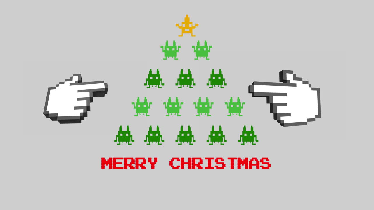 비디오 게임 크리스마스 트리와 손을 가리키는 메리 크리스마스 텍스트