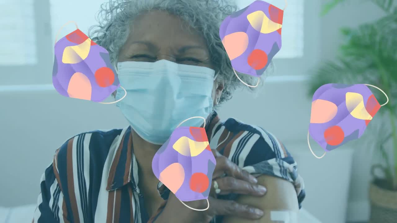 Animação de ícones de máscara facial sobre mulher afro-americana com máscara facial