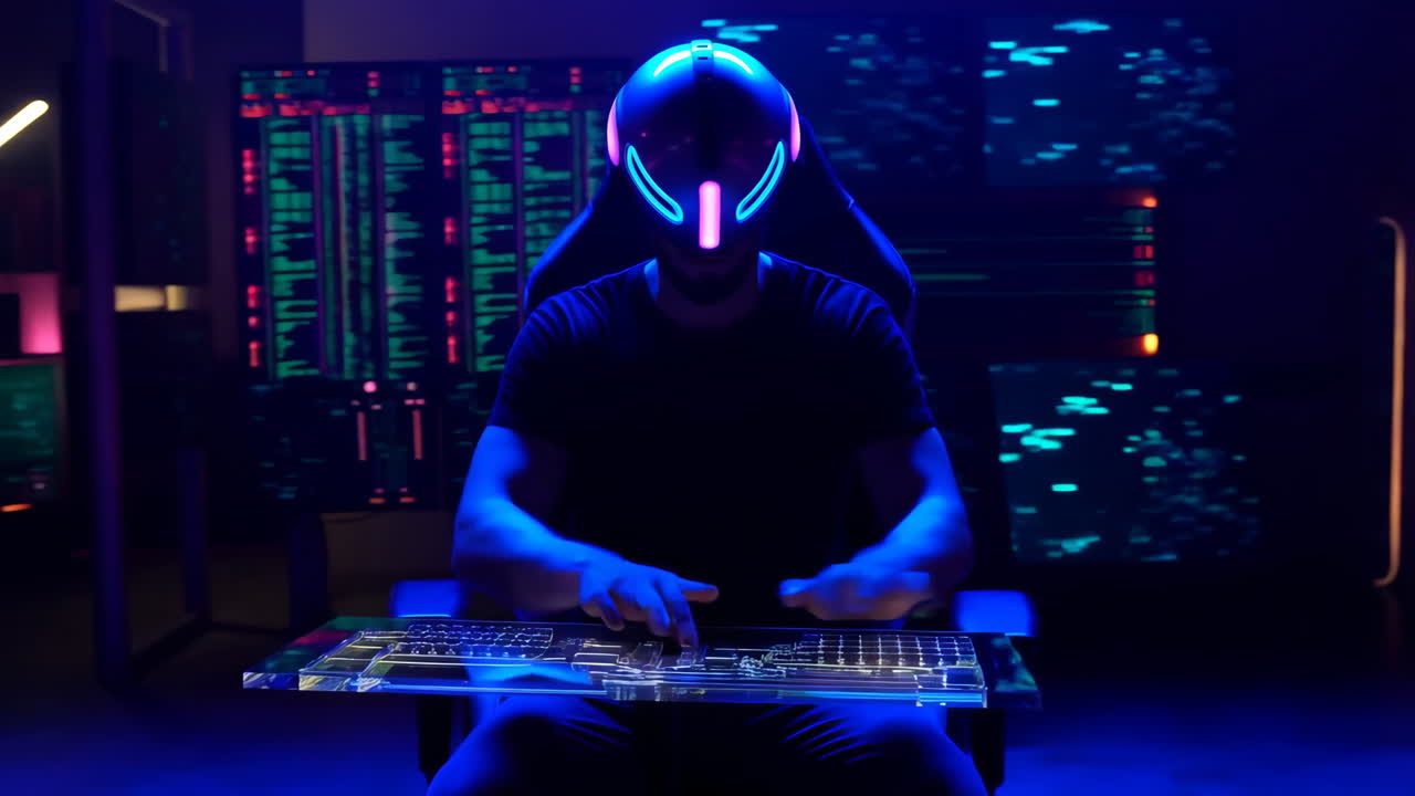 Cyberpunk Gamer in Neon Lit Room