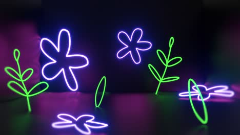 Animation-of-purple-neon-light-flowers-and-green-leaves-flickering-on-black-background