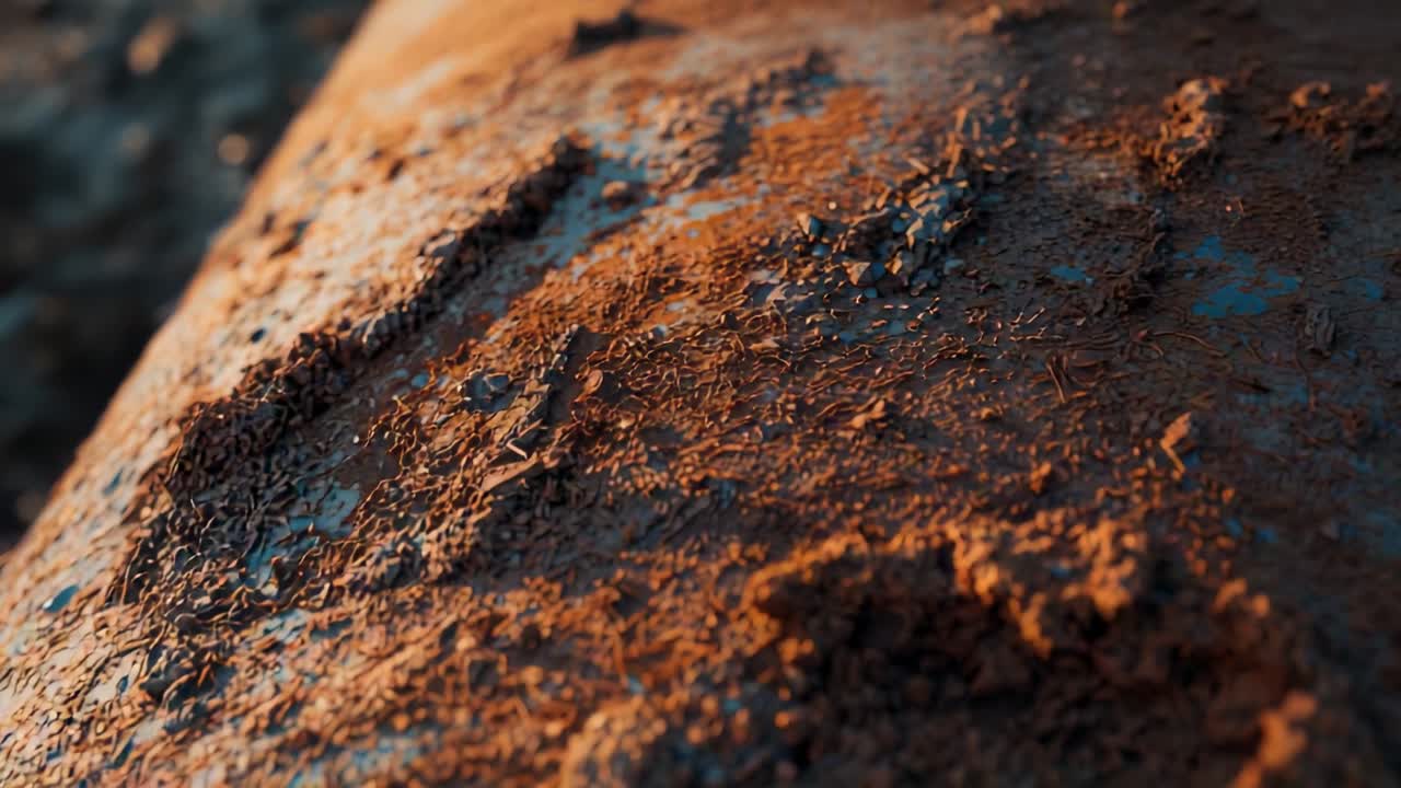Camera panning along rusted pipe outdoors, showing soil, wood chips, pebbles, flaking blue paint