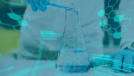 animation of scientific data processing over caucasian male scientist in laboratory