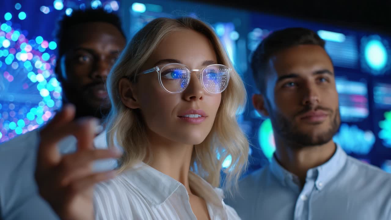 Diverse business team collaborating with innovative technology