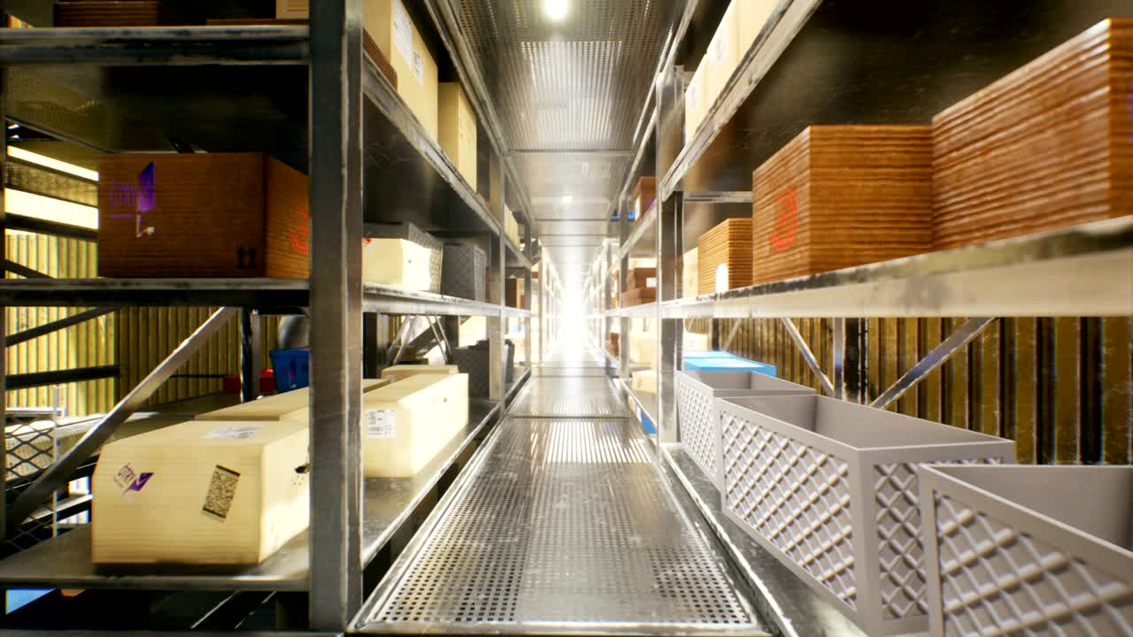 la cámara vuela a través de un enorme almacén industrial con cajas, una gran terminal logística, una animación 3d realista en bucle.