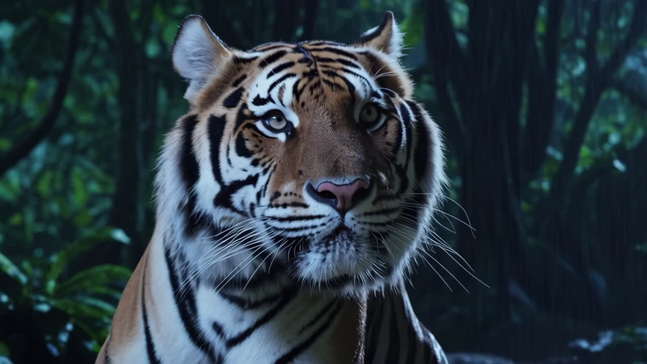 Tiger in a Rain Forest at Night