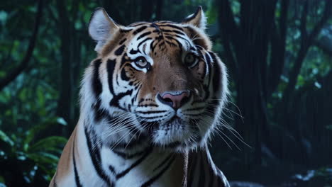 tiger in a rain forest at night