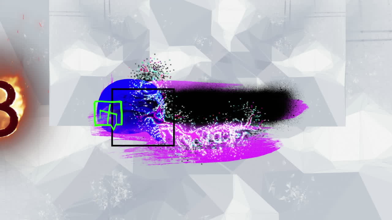 animación de formas abstractas coloridas y número en llamas sobre fondo blanco