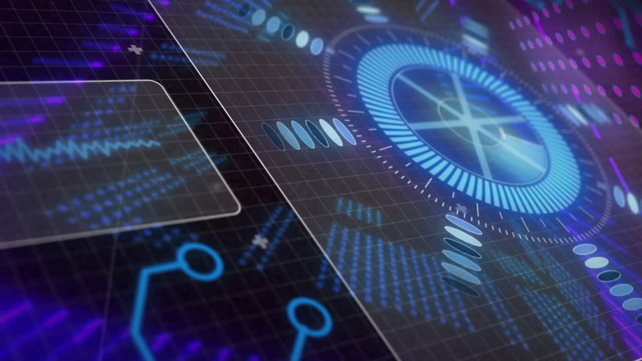Glowing blue and purple geometric patterns in futuristic digital animation interface