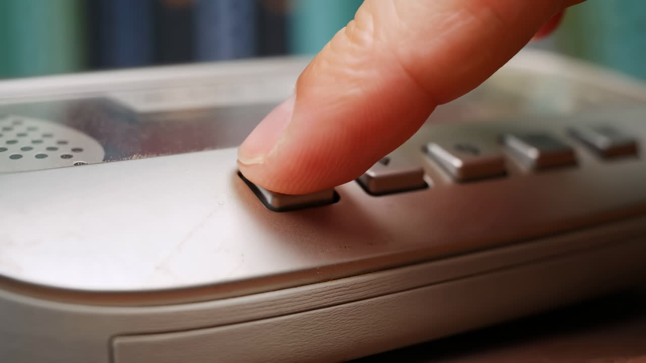 Finger trykker på avspillingsknapp for telefonsvarer i nærbilde, retro telefonsvarertastatur og høyttaler synlig.