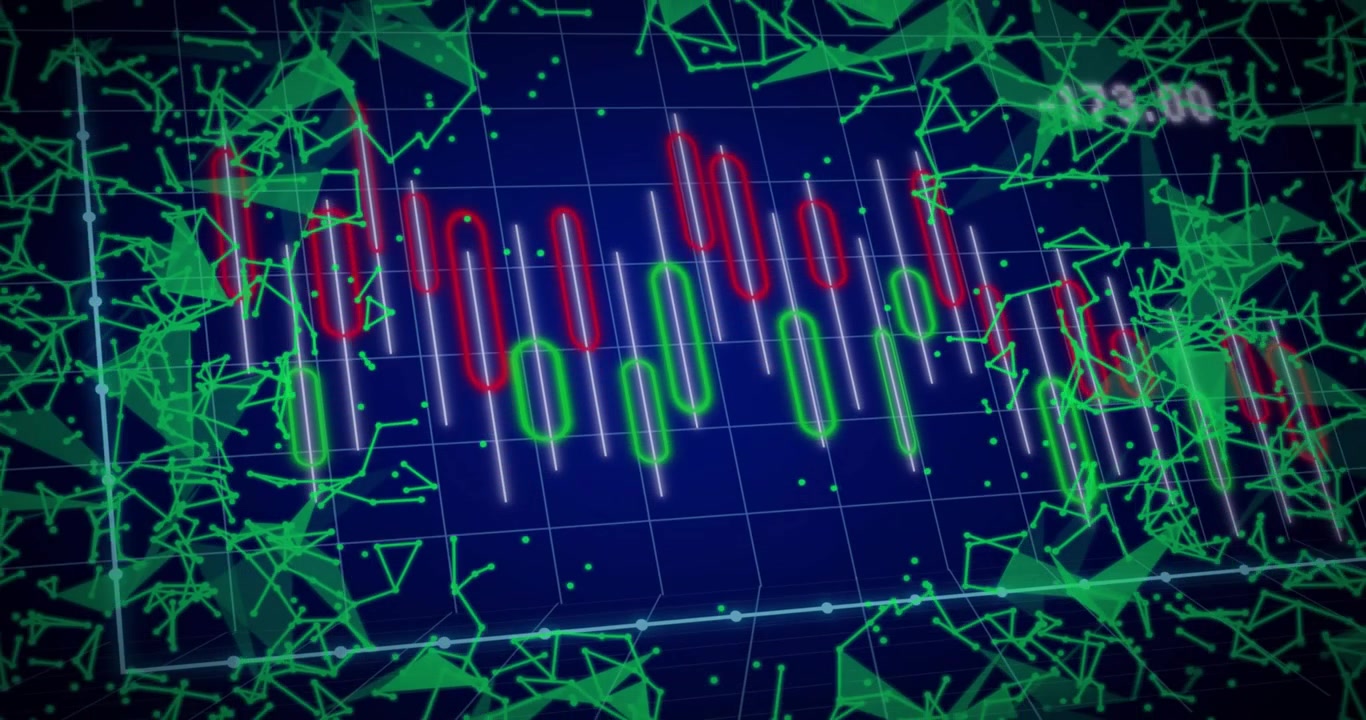 3D grid appearing with candlestick while neon mesh forming and fading showing numeric market shift