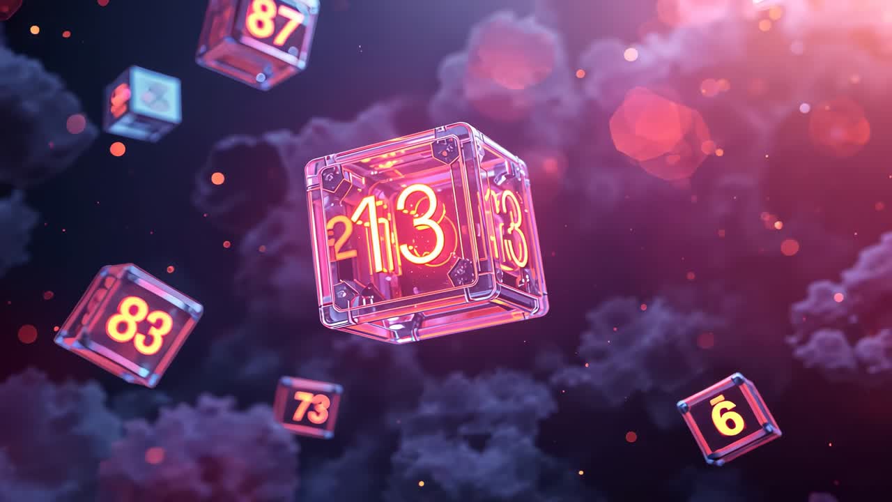 Drifting glowing cubes rotating around central cube displaying 213 in dark nebula, with neon cubes