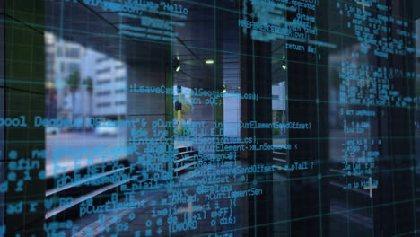 Animation of digital data processing over modern office building