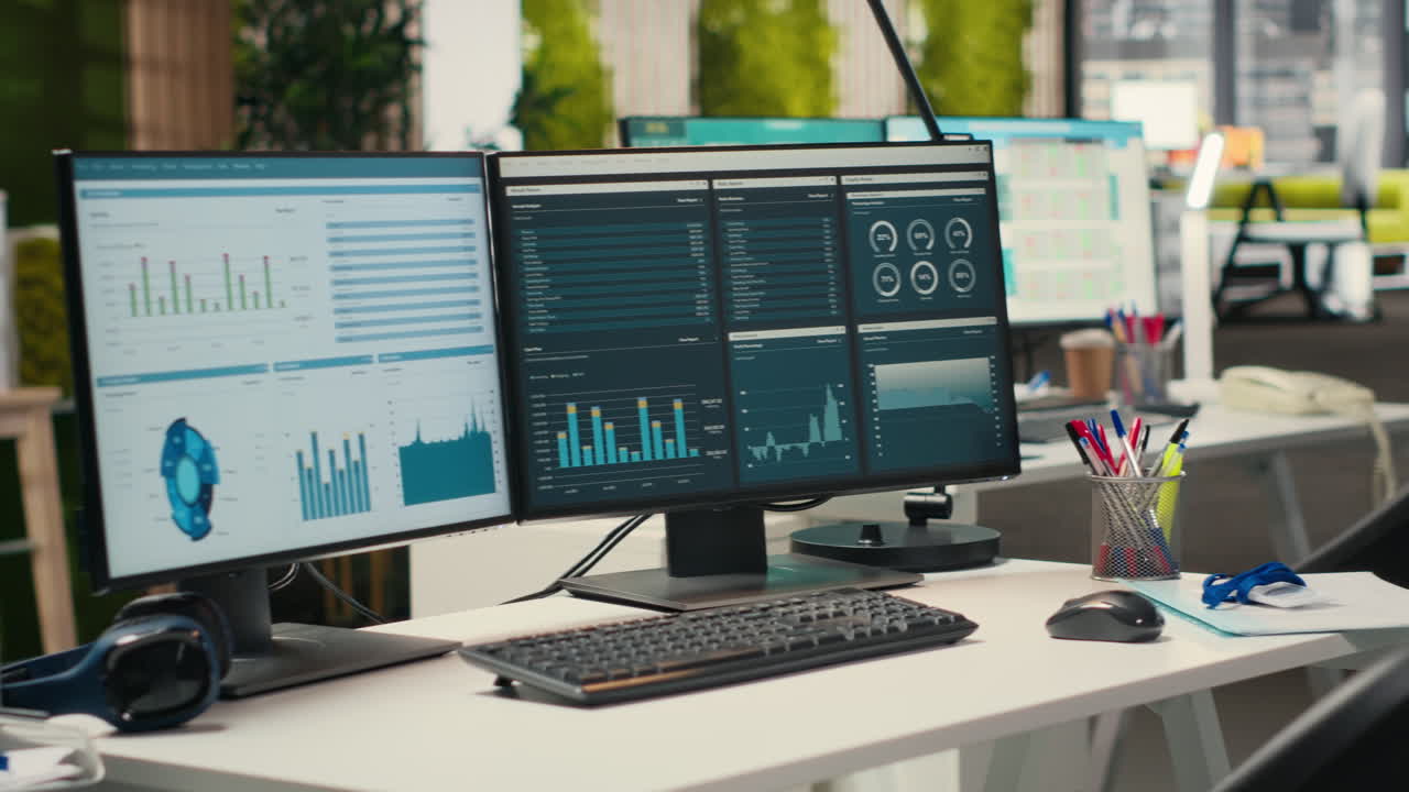 Empty corporate office features high tech technology and dual monitors