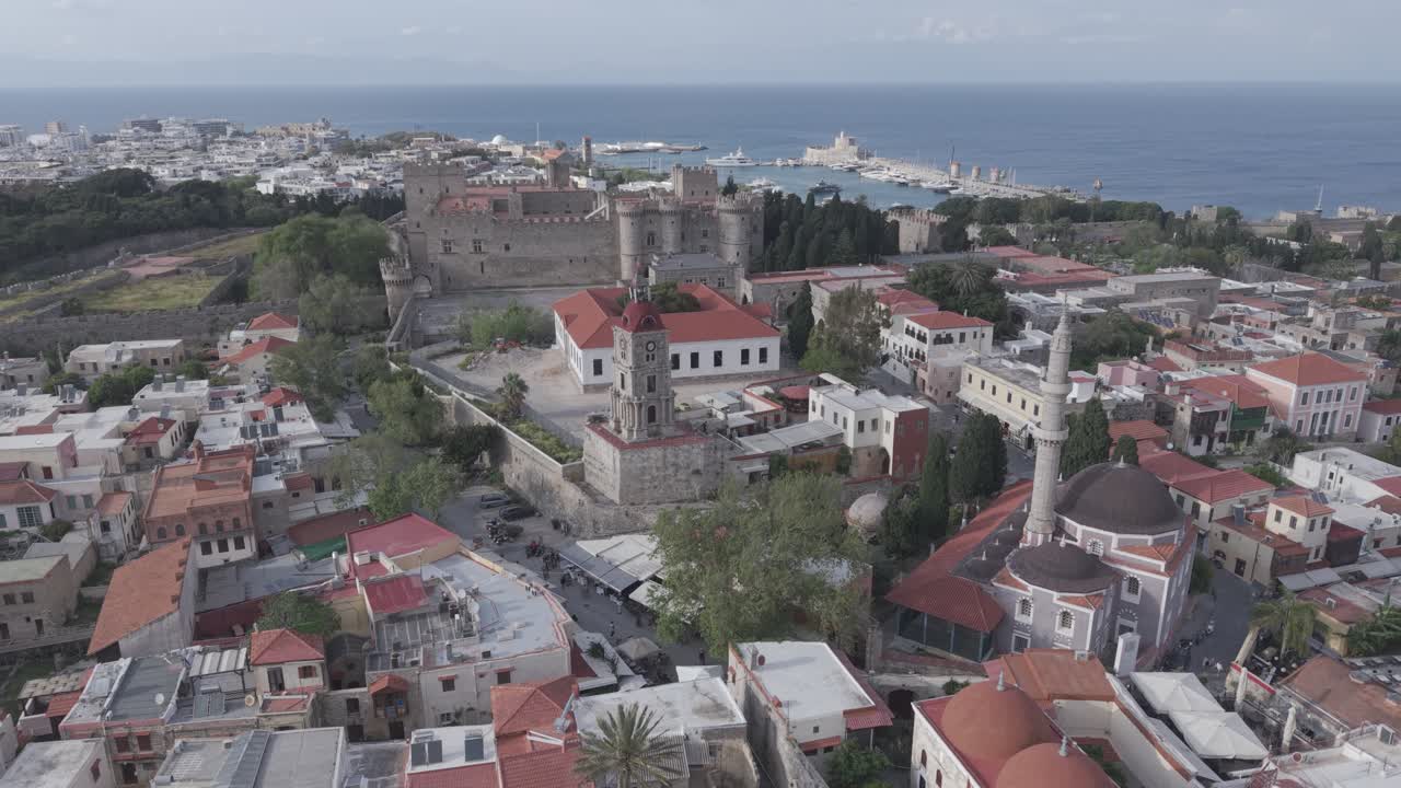 Stunning aerial perspective documenting Aerial view of Rhodes Old Town, Rhodes, Greece. D-Log M