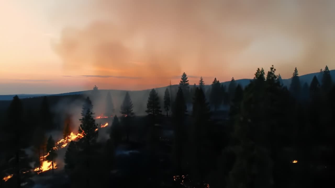Un Tramonto Drammatico su un Incendio Boschivo: Fiamme e Fumo Danzano tra gli Alberi Mentre la Notte si Avvicina, Evidenziando la Potenza e la Bellezza Feroce della Natura
