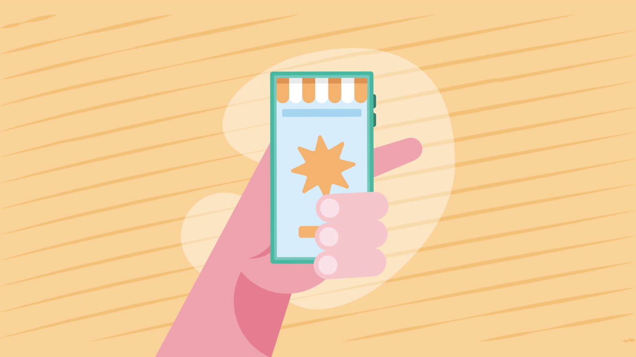 전자 상거래 애니메이션을 가진 스마트폰 장치