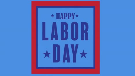 digital animation of happy labor text over red frame against blue background