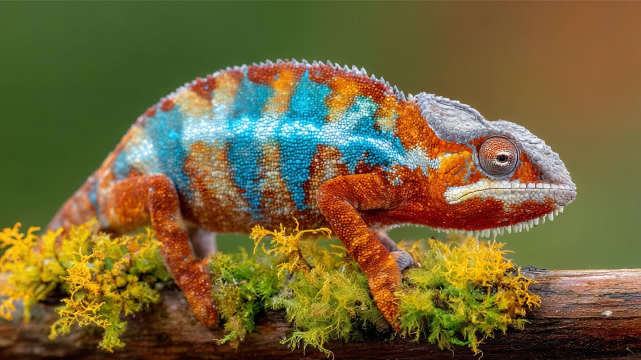 A Vibrantly Colored Chameleon Displaying Its Unique Skin Patterns and Textures on a Moss-Covered Branch, Captivating Nature's Beauty in Close-Up Detail