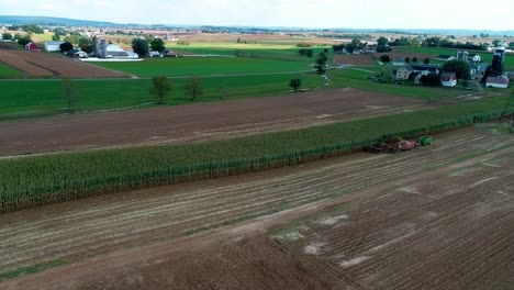 Amische-Bauern,-Die-Dort-Ernten,-Fallen-Ernten,-Wie-Von-Drohnen-Gesehen