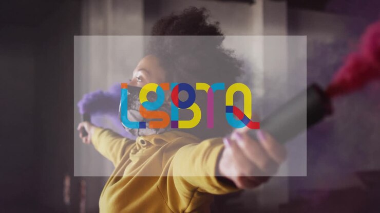 Animation of rainbow lgbtq over african american female with flare