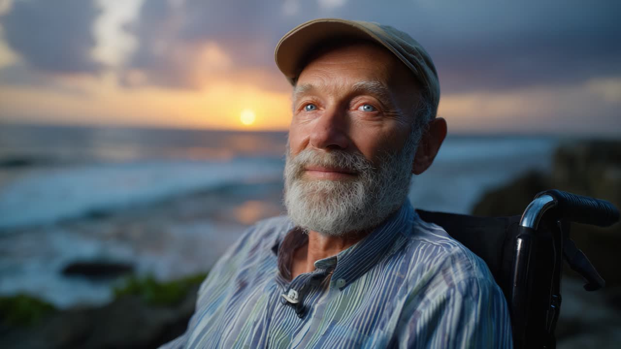 Momento contemplativo: um idoso em uma cadeira de rodas observa o pôr do sol sereno no oceano, refletindo um estado de espírito e uma experiência alegres e pacíficos.