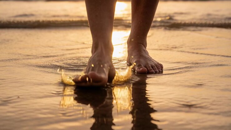 Un adulto a piedi nudi cammina lentamente lungo la riva bagnata, spostando il peso, con il riflesso del sole e le increspature.