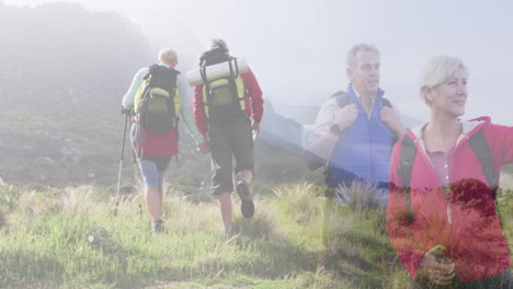 composite of two happy caucasian senior couples hiking in countryside