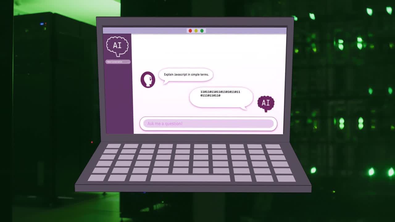 Animation of ai chat on laptop over computer server room